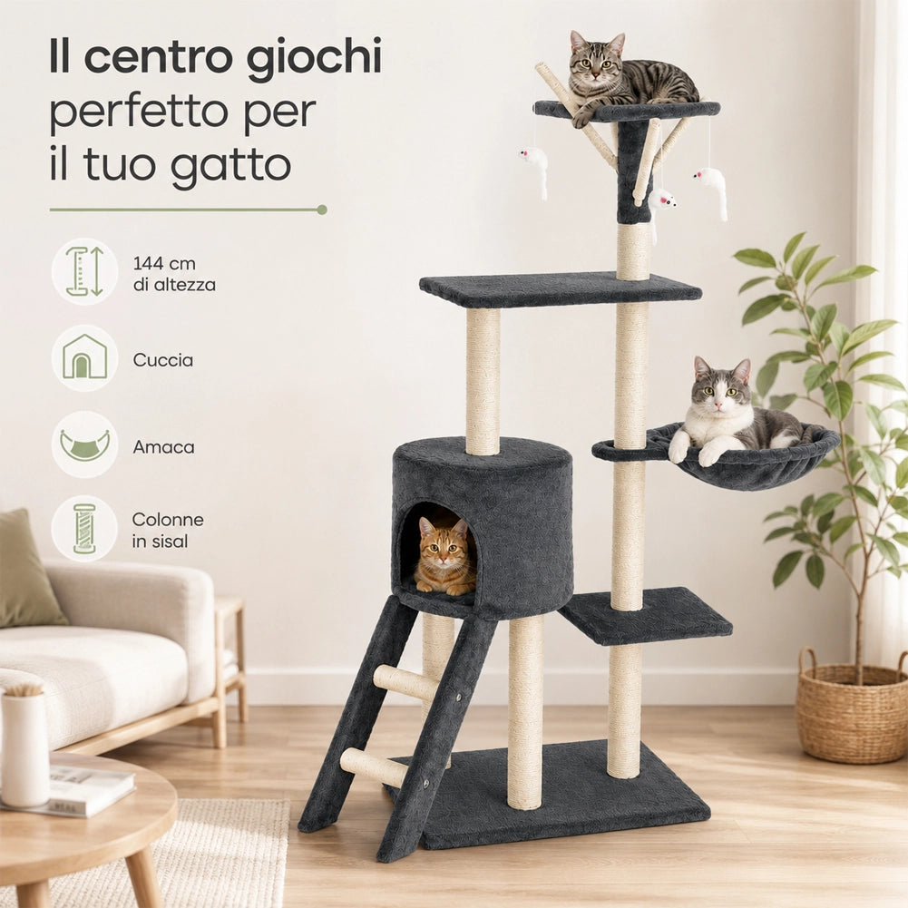 Tiragraffi per Gatti Albero Sisal Parco Giochi Gioco x Gatto Tira Graffi Grigio