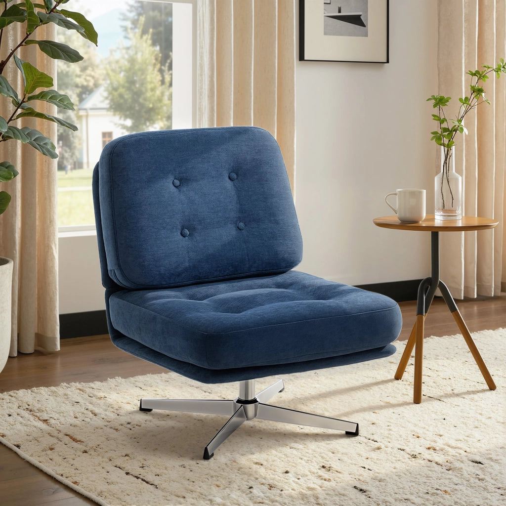 Poltrona girevole imbottita con cuscini a molle e gambe in metallo ¨C Zephmum ¨C Blu scuro