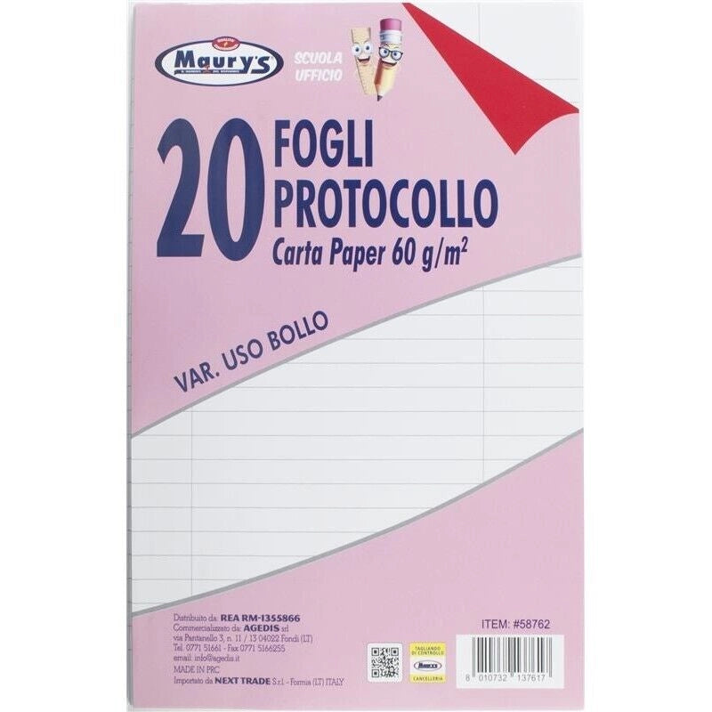 MAURY'S 20 FOGLI PROTOCOLLO USO BOLLO 60 GR