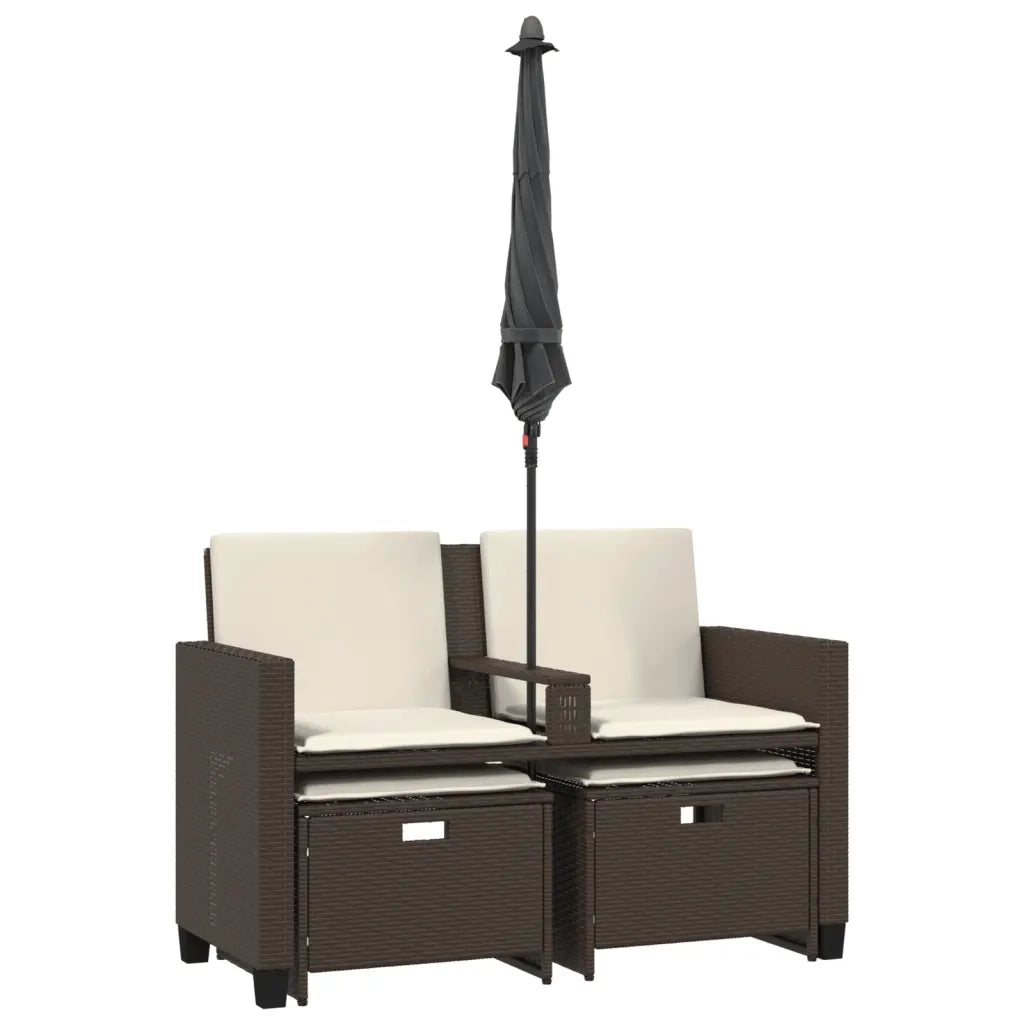 Divano Giardino 2 Posti-Sofa da Giardino-Divanetto da esterno Ombrellone e Sgabelli Marrone Polyrattan