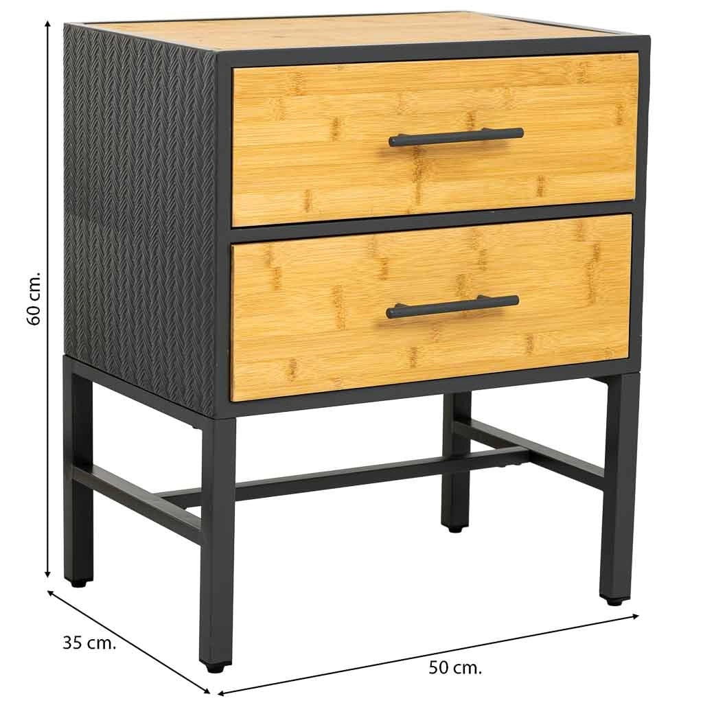 Comodino in metallo e legno con 2 cassetti, nero 50x35x60h cm