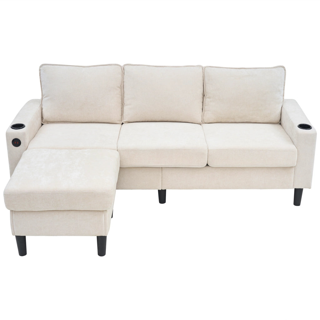 Divano letto imbottito 3 posti - Zephmum- USB e Type-C, porta bevande, forma L, beige