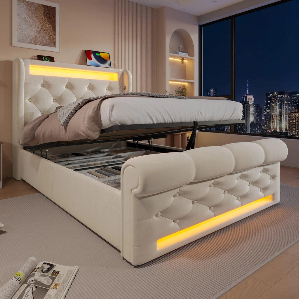 Letto singolo contenitore 90 × 200 cm in velluto beige con materasso LED USB e Type-C