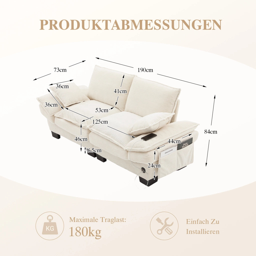 Divano Modulare 2 Posti con Cuscini ¨C MINIMAL ¨C Tessuto a Coste, Beige