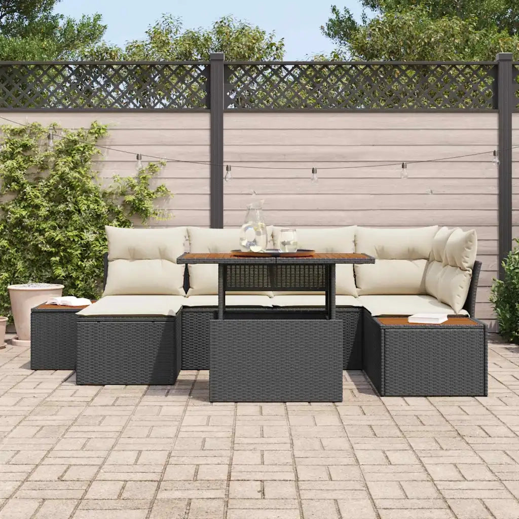 Set da Pranzo per Giardino con cuscino 7 pcs Nero e Beige