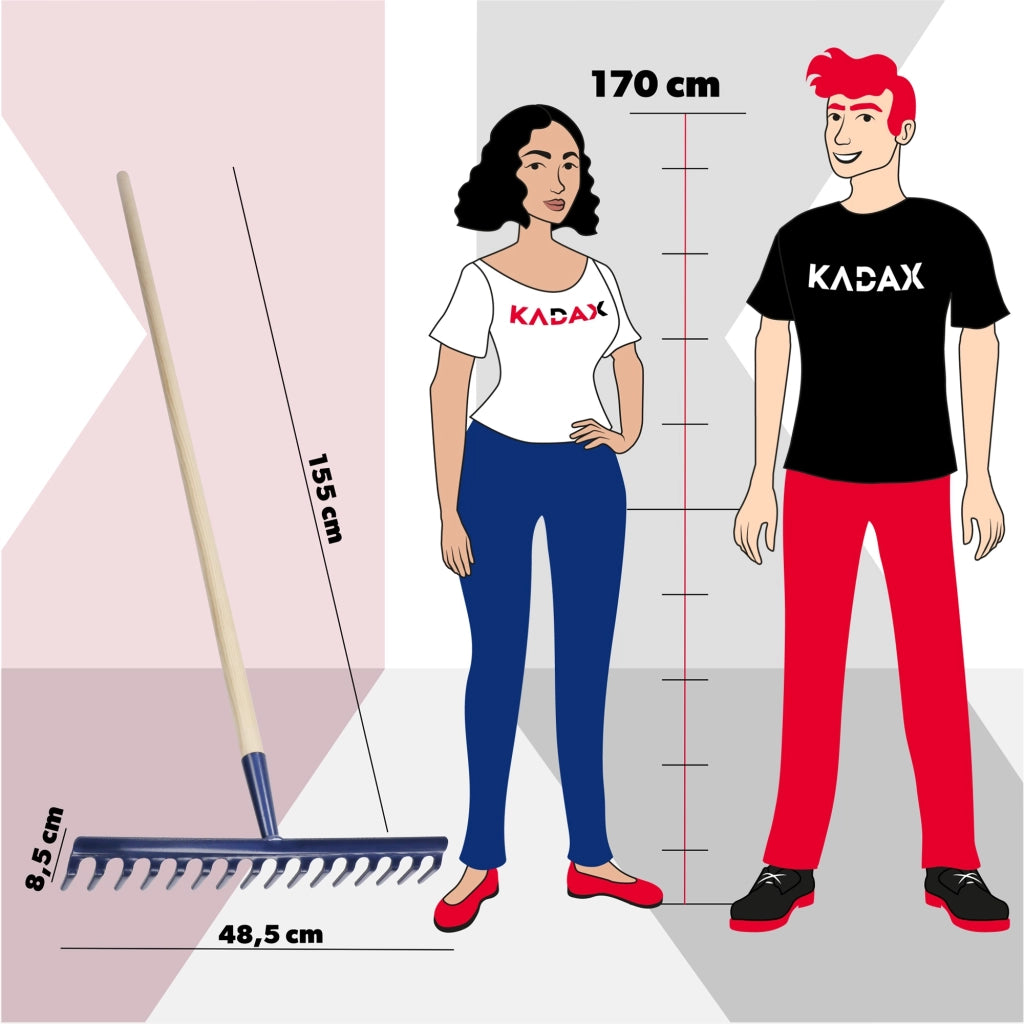 Rastrello da giardino KADAX con manico in legno, lunghezza 150 cm, denti in acciaio temprato, 16 denti.