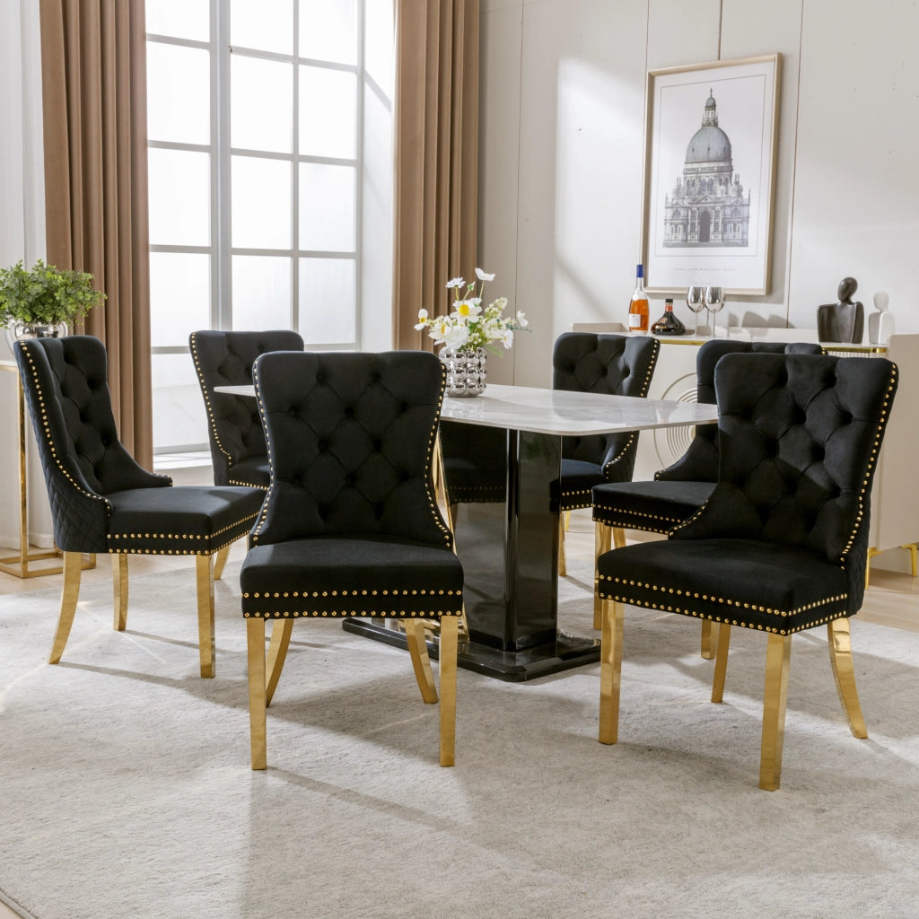 OKWISH Set di 6 Sedie da Pranzo con Anello Rotondo sullo Schienale, Borchie Decorative e Piedini Regolabili, Velluto Nero