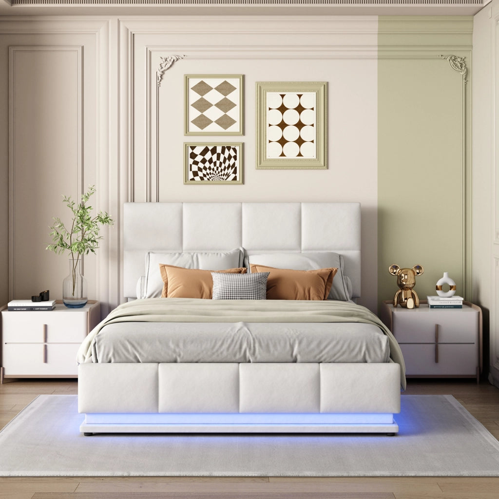 LETTO Contenitore 140x200 cm in pelle bianca con LED