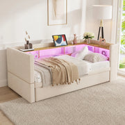 Divano letto imbottito multifunzione con vani contenitore, LED e prese integrate