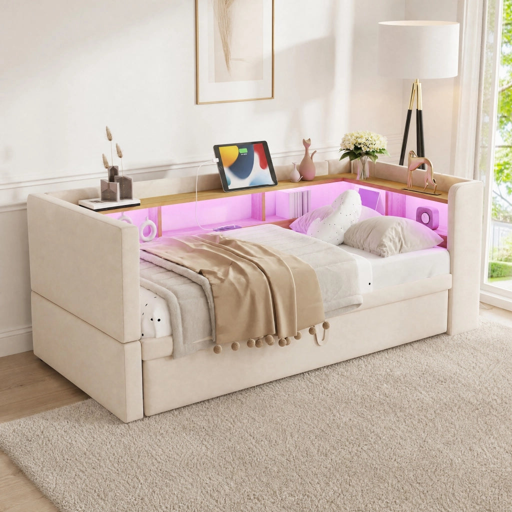 Divano letto imbottito multifunzione con vani contenitore, LED e prese integrate