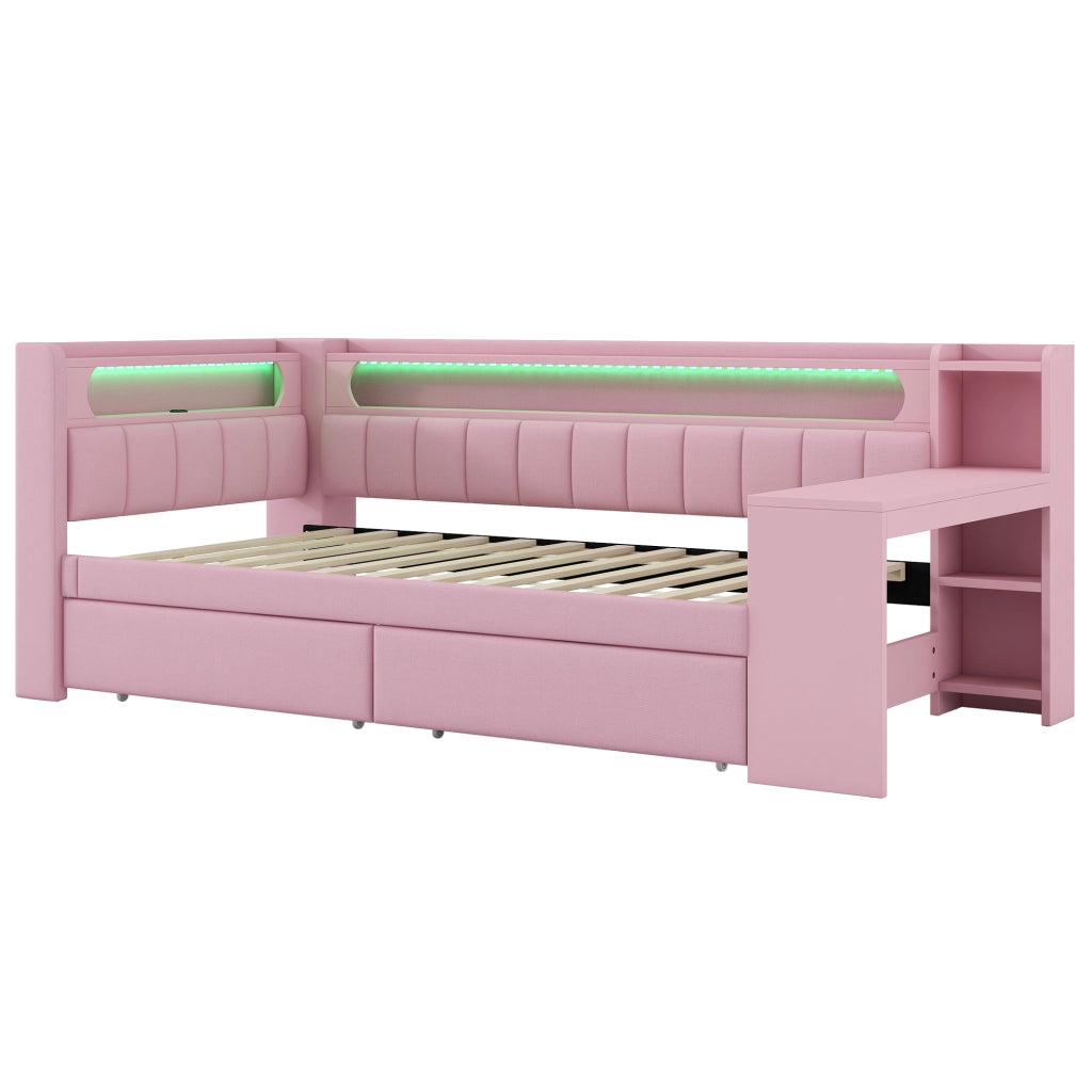 Lettino con scrivania 90x200; porte USB; striscia LED; 2 cassetti; rosa