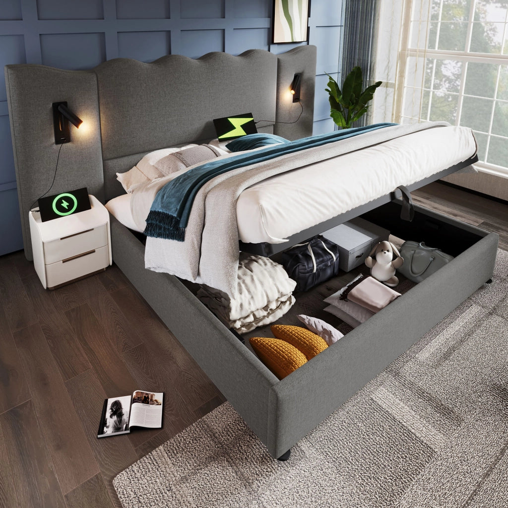 LETTO imbottito 160x200 cm in lino grigio con lampada da lettura e USB-C