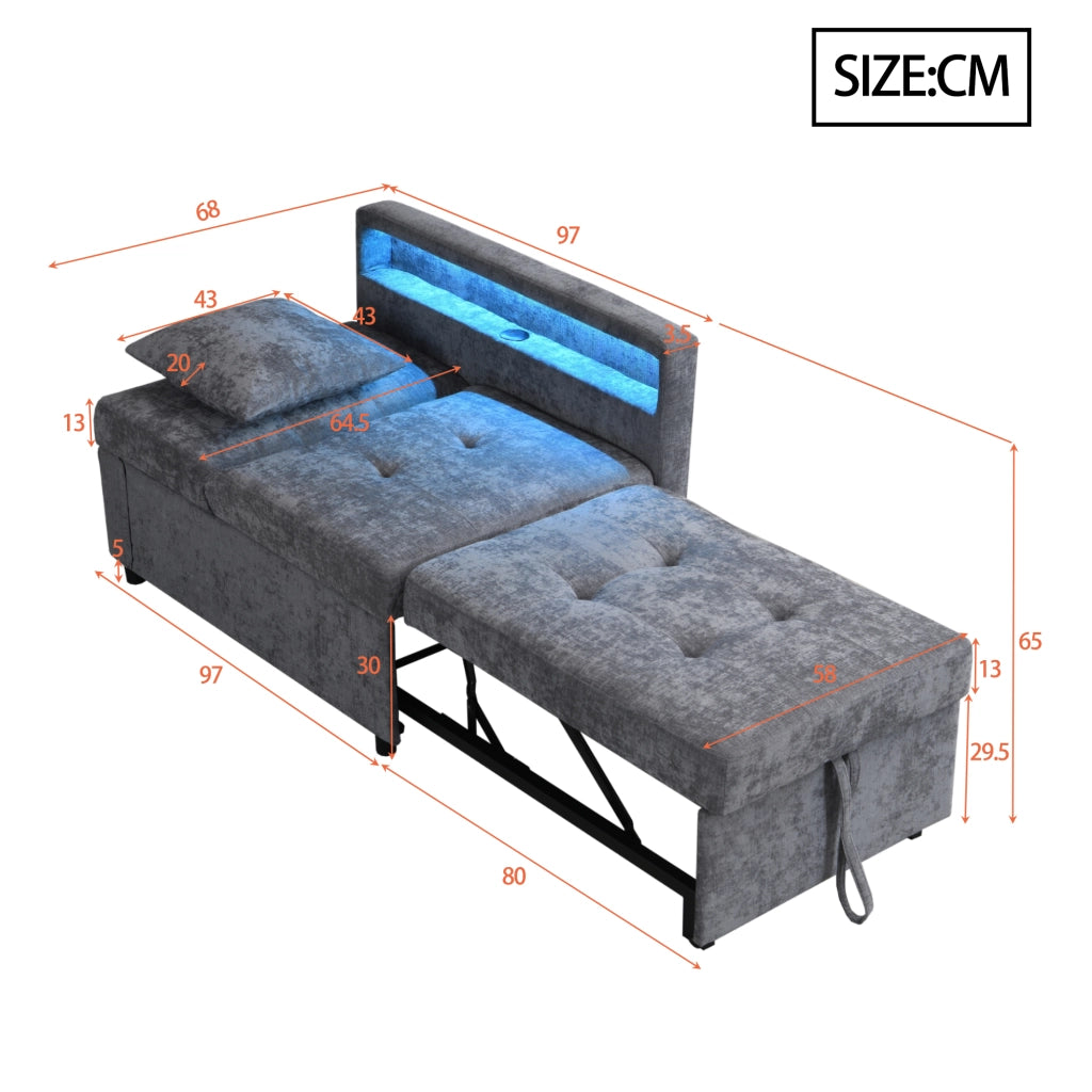 Divano letto 3 in 1 effetto lino, schienale 5 posizioni, USB/Type-C e LED, grigio chiaro