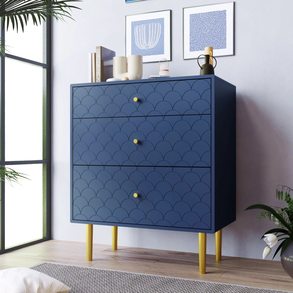 COMODA a 3 cassetti 75x40x89 cm Blu navy con gambe color champagne
