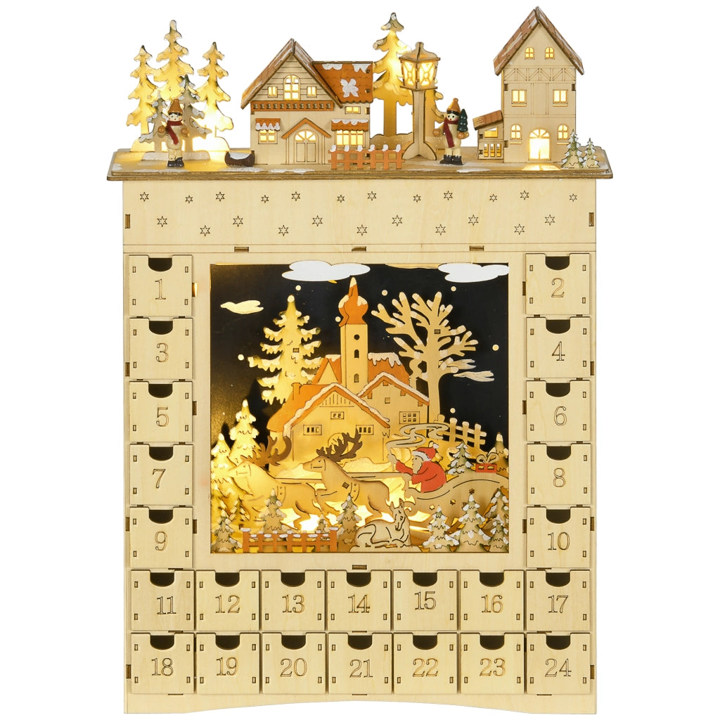 Calendario dell'Avvento LED villaggio innevato 24 cassetti ¨C Xylo ¨C decorazione natalizia beige