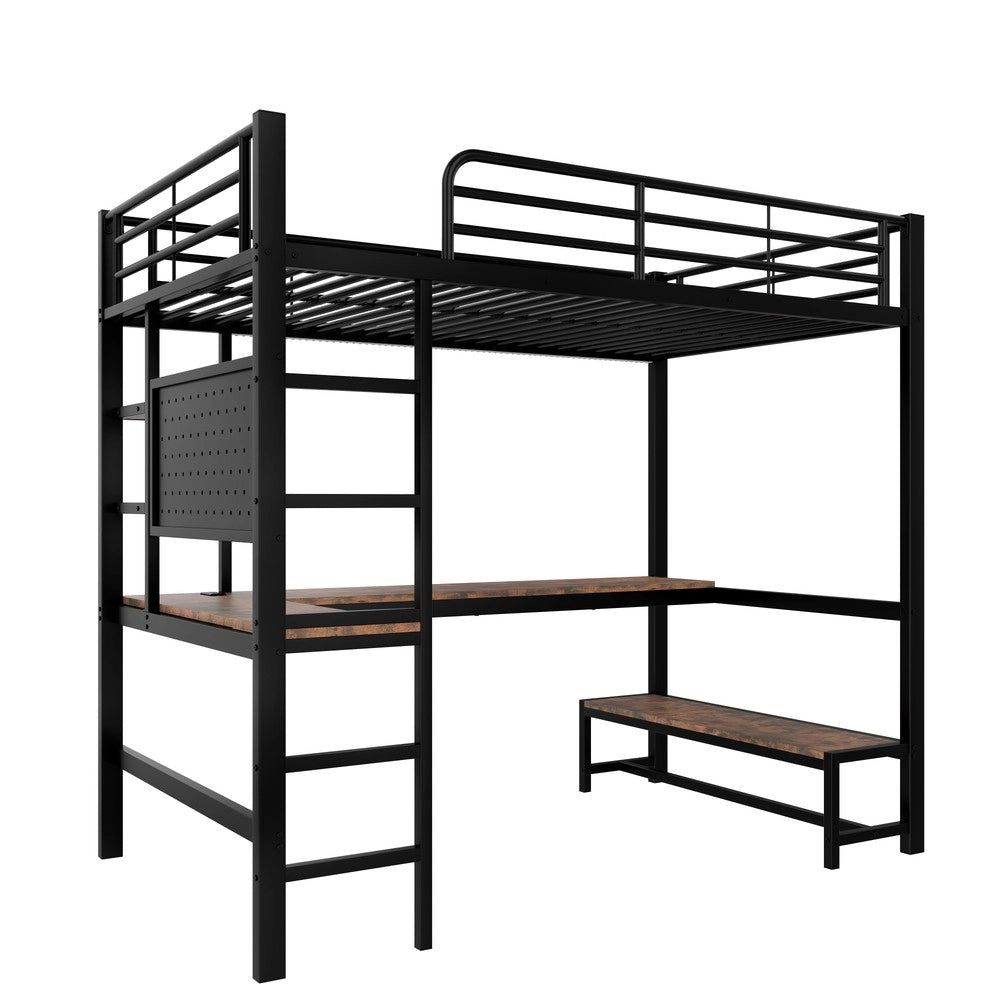 Letto a Soppalco con Scrivania e LED ¨C MINIMAL ¨C Nero, 90x200, con USB e Rete a Doghe