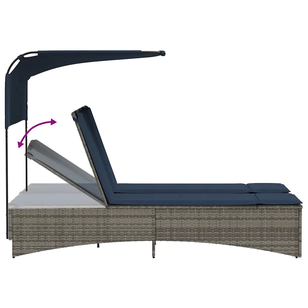 Lettino prendisole doppio con baldacchino e cuscini grigio in polyrattan 365624