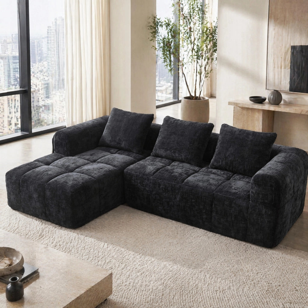 Divano componibile con chaise longue; 250x158x60 cm; chenille nero