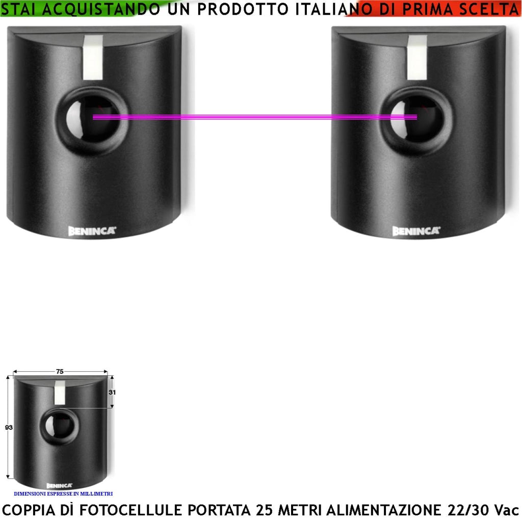 Coppia Fotocellula di Sicurezza Cancello Elettrico Benincà Controllo Passaggio Portata 25 Metri Lineari Montaggio a Parete o Palina Alimentazione 24/30 Vac