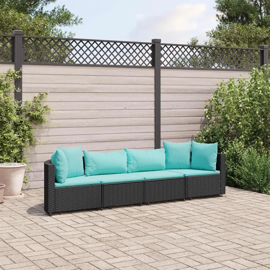 Set Divani da Giardino 4 pz con Cuscini Nero in Polyrattan