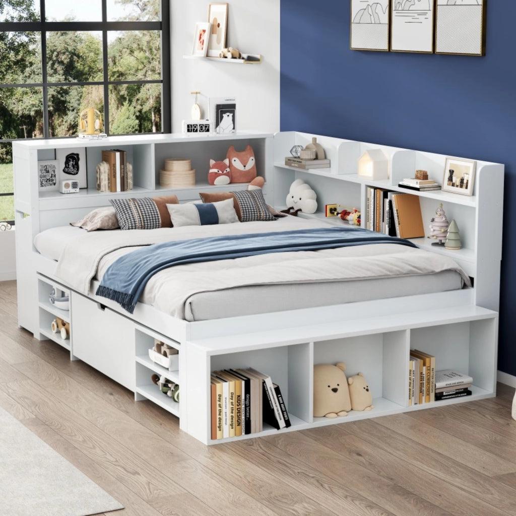 Letto bambino multifunzione con cassetti e ripiani, 140x190 cm, bianco