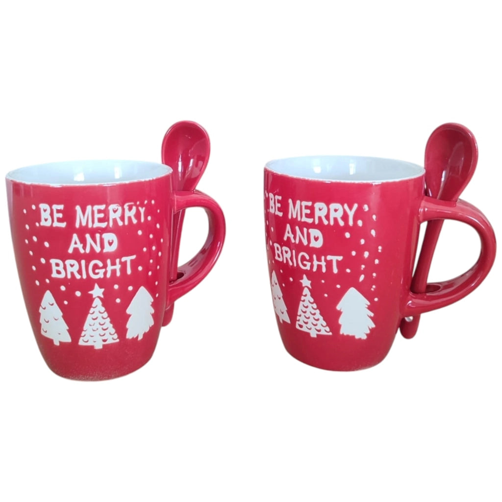 Set 2 Tazze Natalizie Gres Rosso 30cl con Cucchiaini Idea Regalo Natale