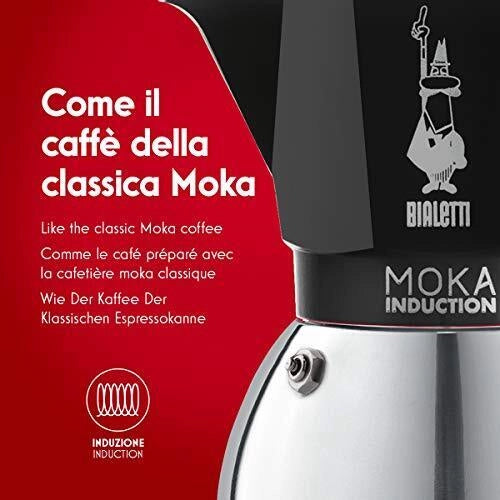 Bialetti 6932 Moka Induction Caffettiera Moka 2 Tazze 100 ml Caldaia Bi-Layer Compatibile Induzione colore Nero