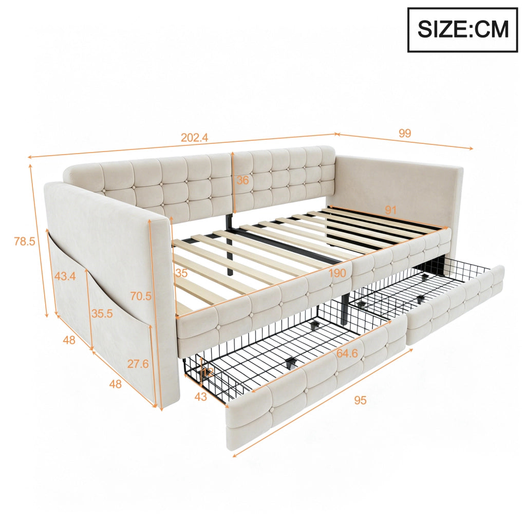 LETTO Imbottito 90x190 cm Beige con tasche laterali e 2 cassetti