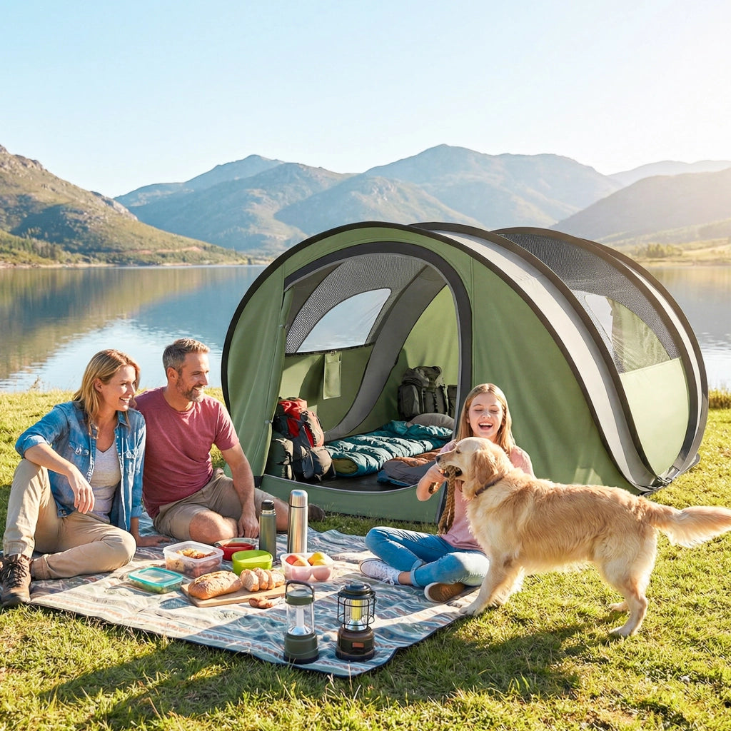 Tenda da Campeggio Pop-Up 4-5 Persone ¨C Minimal ¨C Verde, Impermeabile, 2 Porte, 2 Finestre