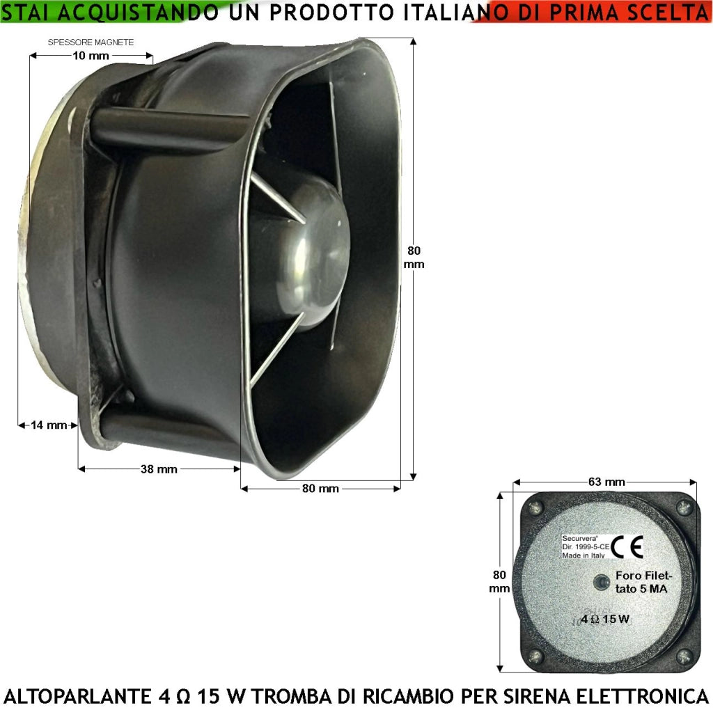 Tromba Altoparlante Ricambio Sirena Allarme Impedenza 4 Ohm Potenza 15 W Suoni Alta Frequenza da 850 ± 4600 Hz Tweeter Magnete Ø70XH10mm Ricambio Sirene Antifurto Qualsiasi Marca Misure L80XH80XP53 mm