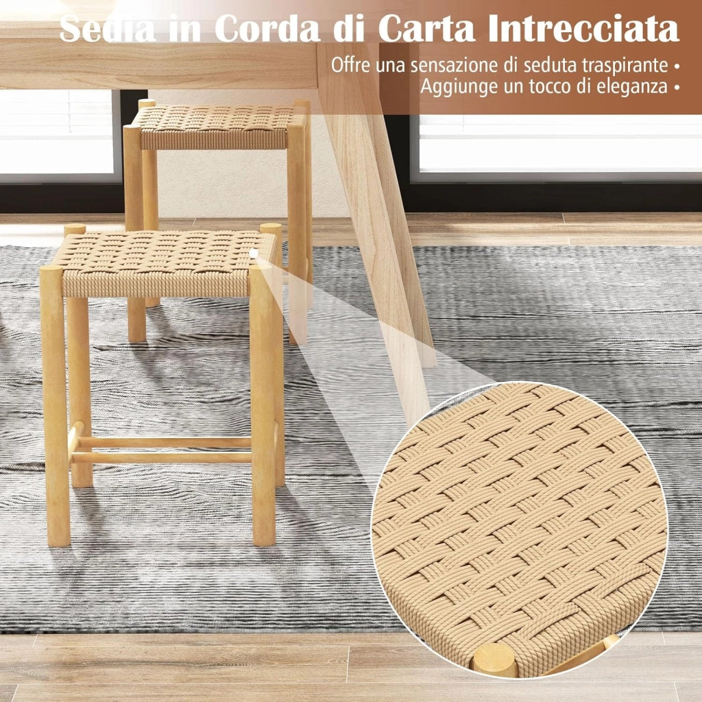 Set di 2 Sgabelli Intrecciata in Carta, Sgaballi Poggipiedi in Legno, Fino a 150 kg, 36 x 36 x 45 cm