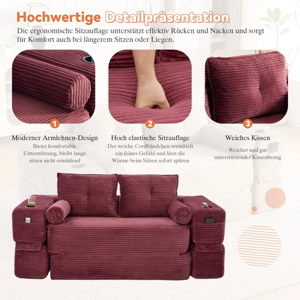 Divano Letto 2 Posti ¨C MINIMAL ¨C Tessuto a Coste, Cuscini Memory, con Tasche e Portabicchieri