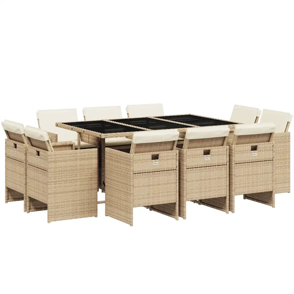 Set da Pranzo da Giardino 11 pz con Cuscini Beige in Polyrattan