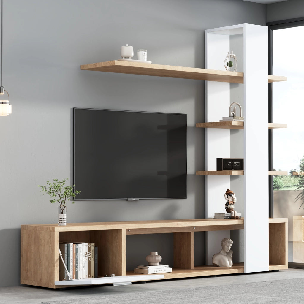 Cassettiera per TV bianca e legno; truciolato; lunghezza 180 cm