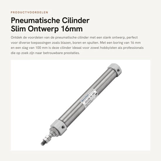 Cilindro pneumatico - Progettazione compatta - 16mm di diametro - 100mm di corsa - Regolazione manuale - Adatto a diverse applicazioni - Materiale metallico
