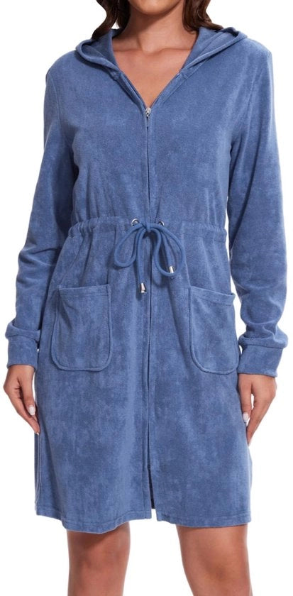 Badia elegante con cappuccio e chiusura a righello in cotone, breve e leggero, blu denim