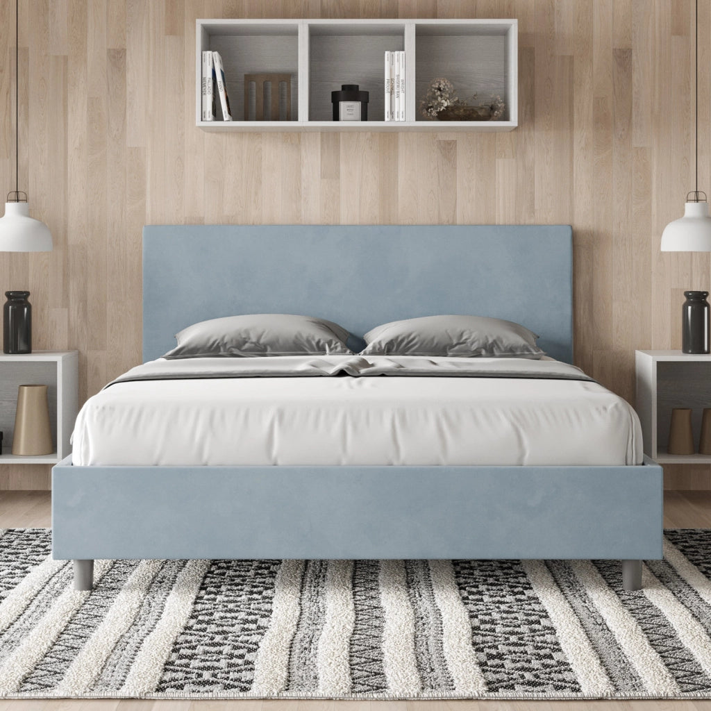 BS COM Letto matrimoniale con rete imbottito 160x190 microfibra azzurro