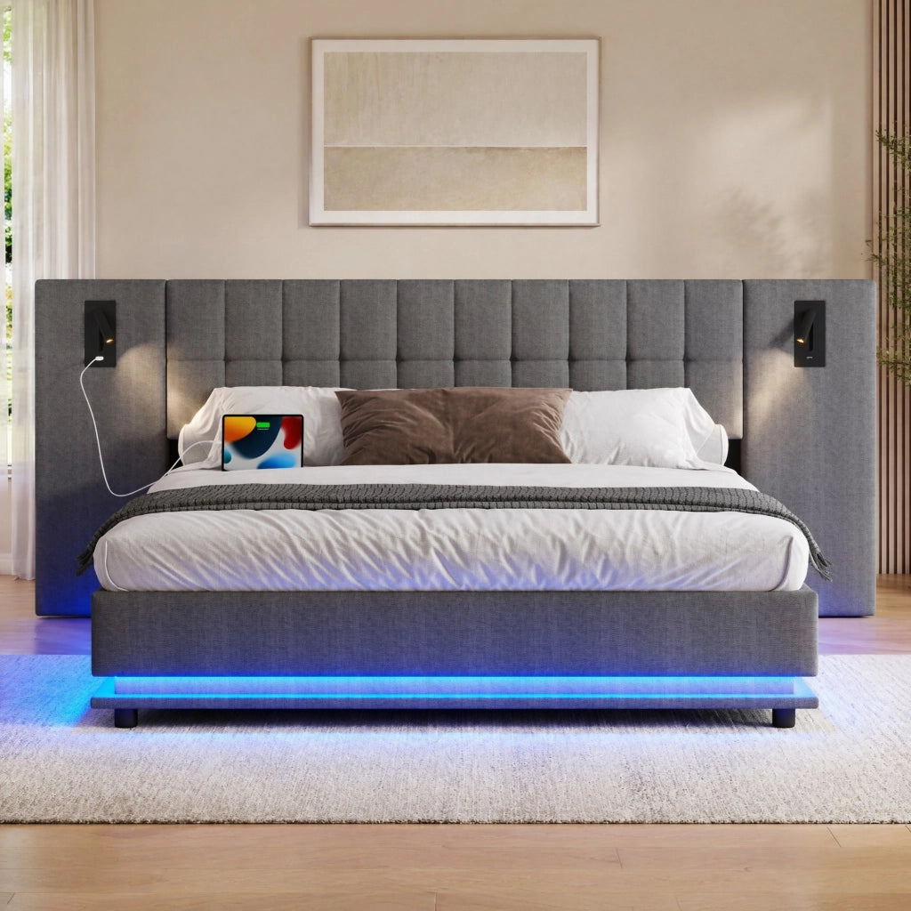 LETTO Imbottito 180x200 cm Grigio con LED, USB e spot, senza materasso