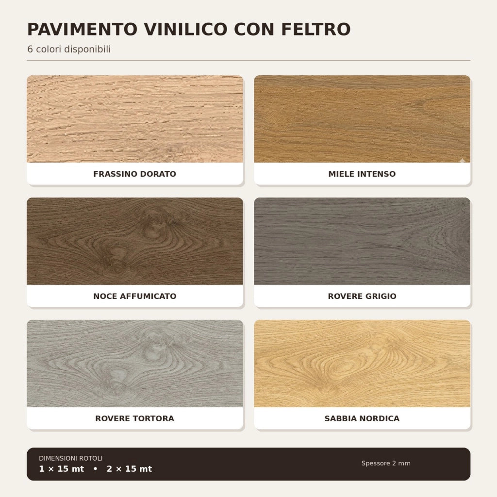 1 x 15 m (15 m²) Pavimento Vinilico a Rotolo Effetto Legno Miele Intenso – Spessore 2 mm con Feltro Fonoassorbente