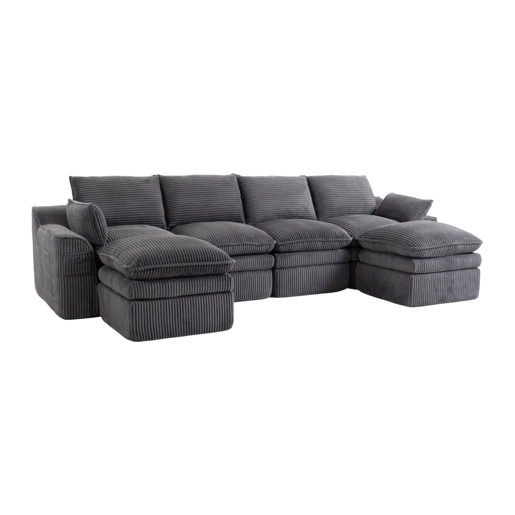 Divano Modulare 4 Posti con 2 Pouf ¨C MINIMAL ¨C Tessuto a Coste, Cuscini, Tasche Laterali, Grigio Scuro