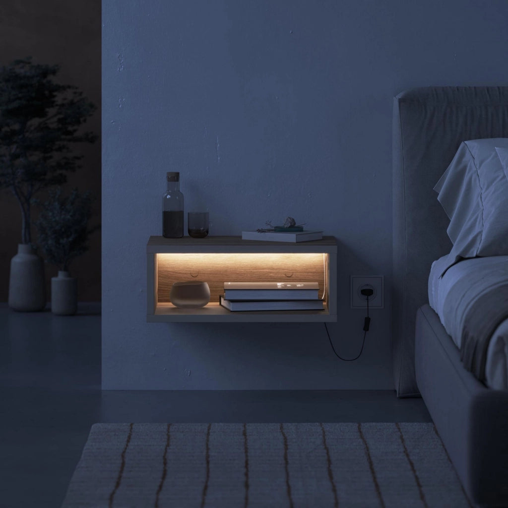 Comodino in legno "Brik" con luce LED - 45 x 30 x 18 cm - Marrone