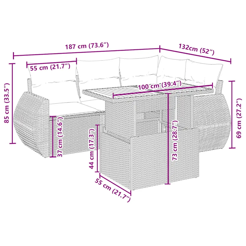 Set Divano da Giardino 5 pz con Cuscini Beige in Polyrattan