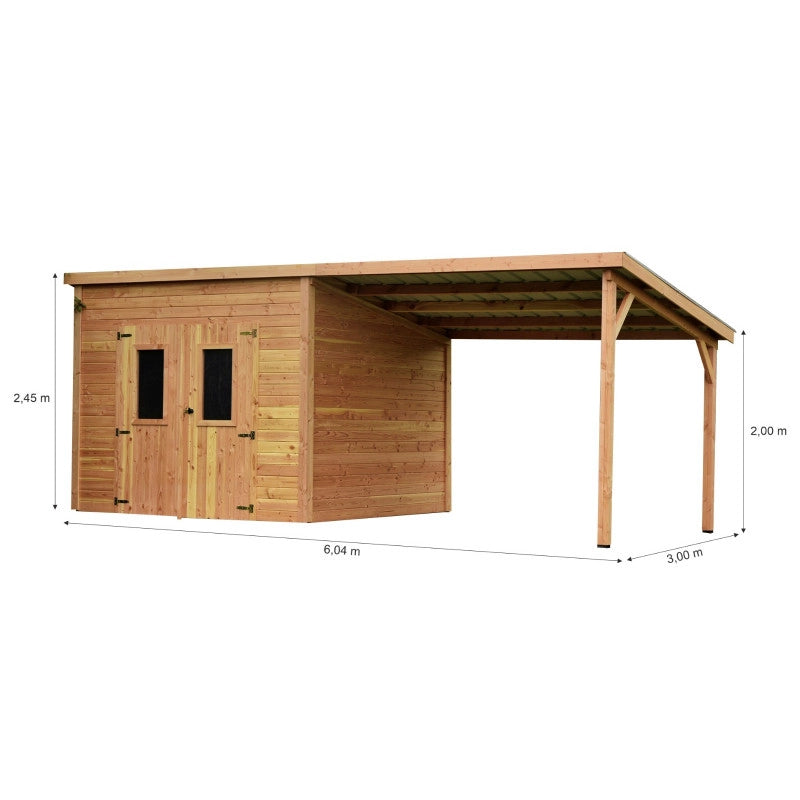 Casetta da giardino in legno 280x280 cm con legnaia – Spessore pareti 28 mm – Tetto piano in acciaio – DAN3030.02B Foresta