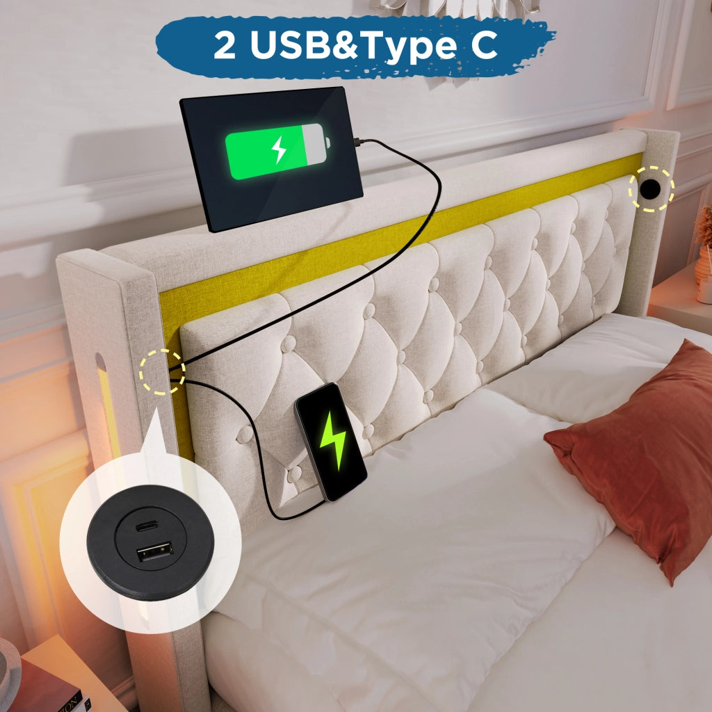 LETTO imbottito 140x200 cm Beige con LED, USB+Type C e materasso incluso