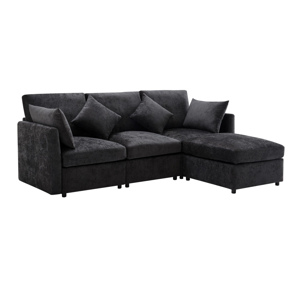 Divano angolare L convertibile in 3 posti - Zephmum- Grigio con cuscini in chenille e pouf mobile