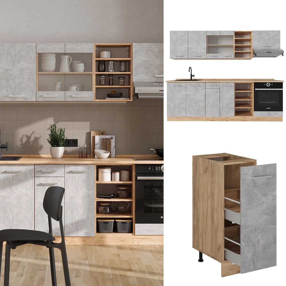 Cucina componibile R-Line Calcestruzzo/Rovere dorato 240 cm senza piano di lavoro Vicco