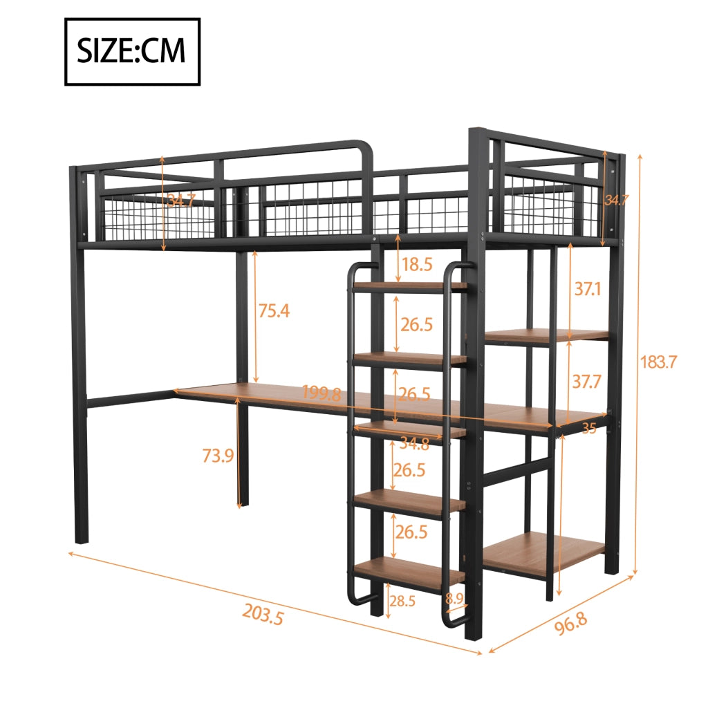 Letto a Soppalco Singolo con Scrivania e Ripiani ¨C MINIMAL ¨C Metallo Nero 90x200