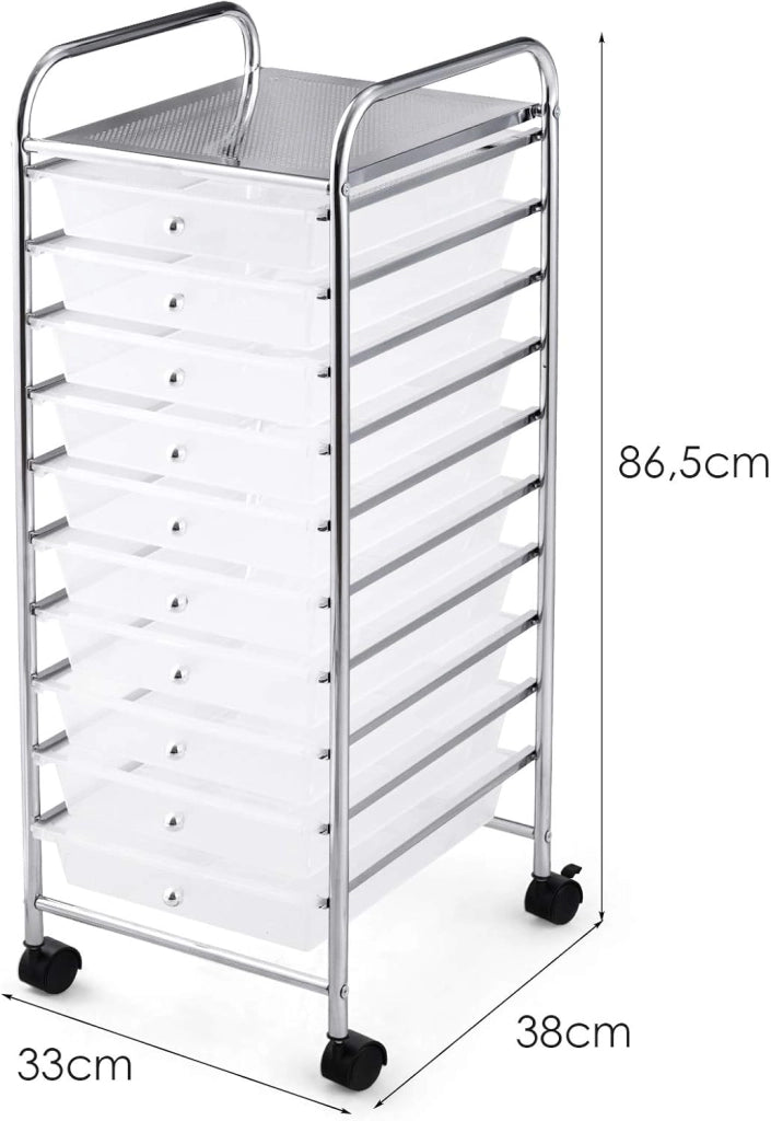 Carrello con 10 Cassetti da Stoccaggio, Cassettiera di Metallo e Plastica, Contenitore Multiuso con Ruote a Freno, per Casa e Ufficio (Trasparente)