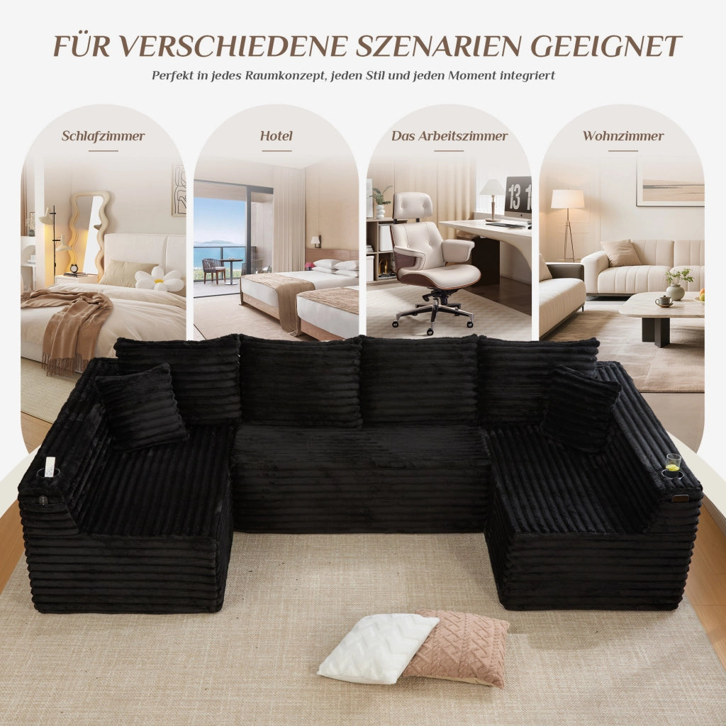 SOFA U-Forma 320x155x88 cm in Corduroy Nero