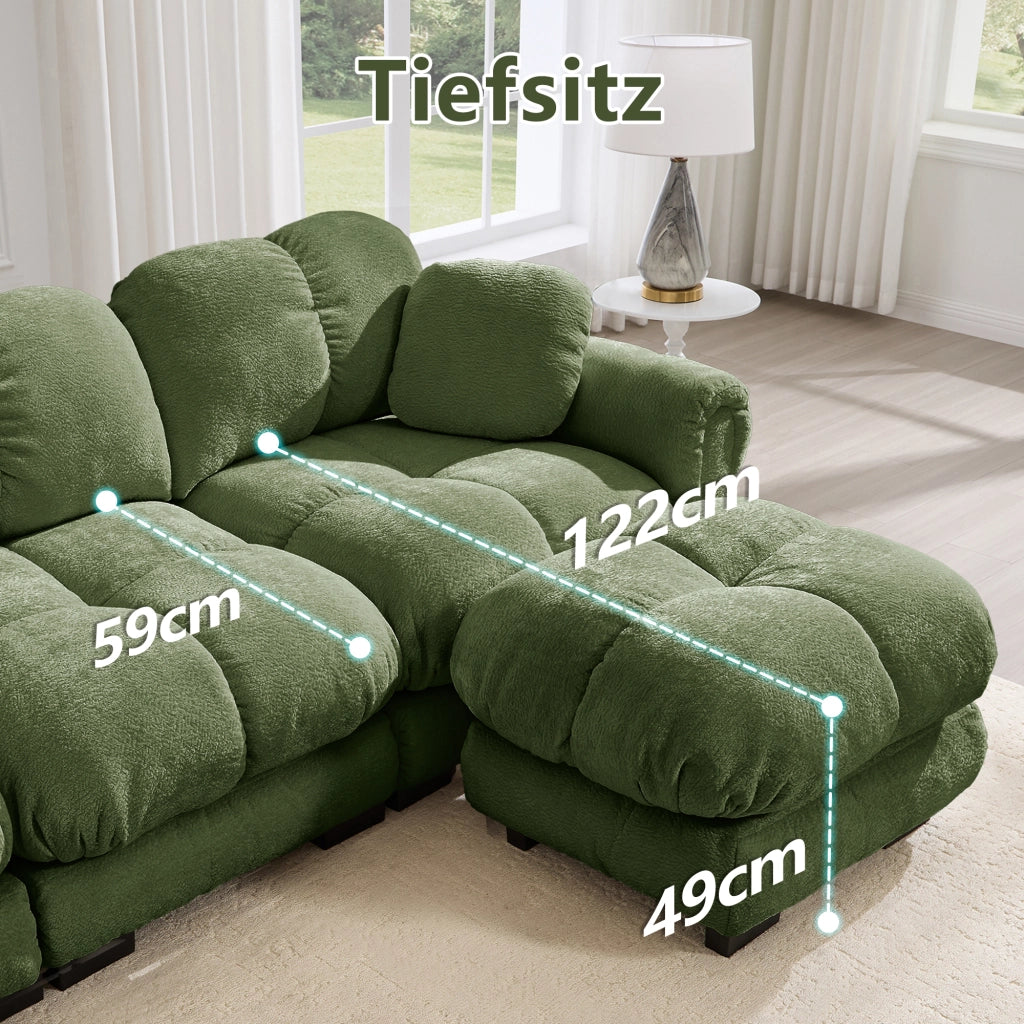 Divano angolare 3 posti con pouf mobile e 2 cuscini, schienale curvo, in ciniglia, Verde